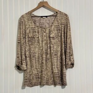 Jennie& Marlis XL Tan Brown Grid Print 3/4 Sleeve Top Henley Minimalist Academic